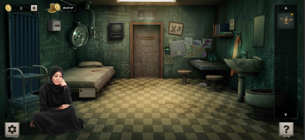 정신병원 탈출 게임에서 벽 낙서와 퍼즐 단서가 있는 어두운 정신병원 감방 바닥에 앉아 있는 여성