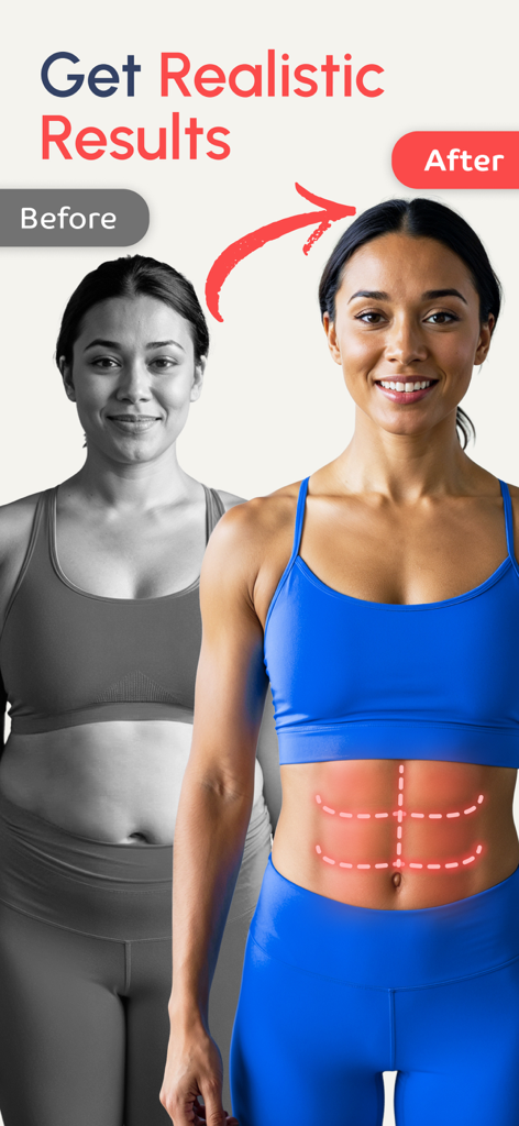 Fit Path: Workout for Women - A before and after comparison of a woman showing realistic fitness results and abdominal muscle definition