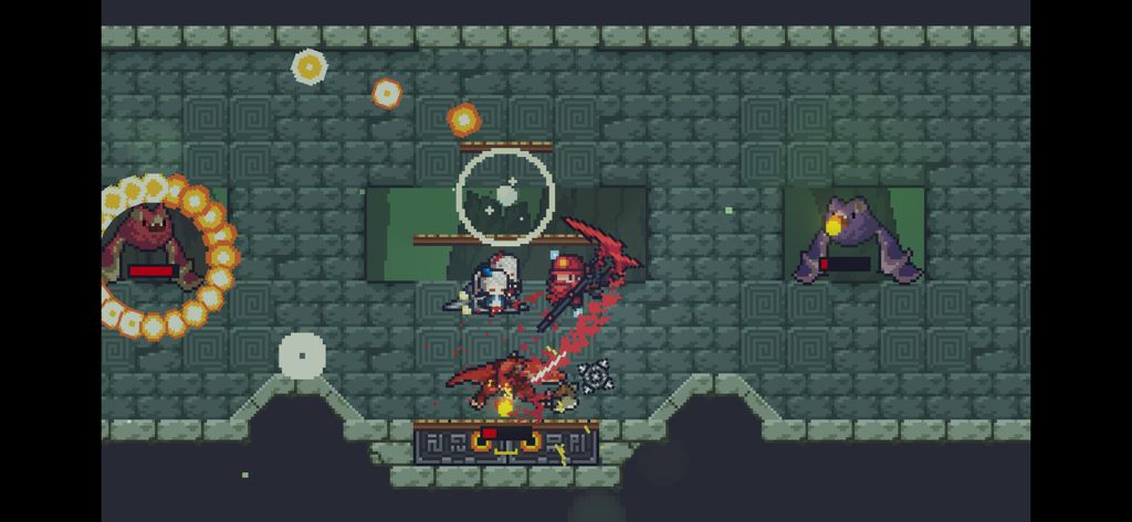 Dungreed - A pixel art action scene from Dungreed showing a character battling multiple monsters in a stone dungeon.