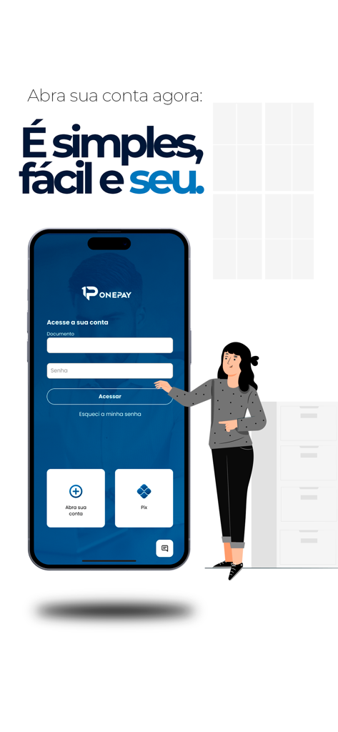 One Pay - Pantalla de inicio de sesión de la app One Pay mostrando cuenta digital y opciones de Pix