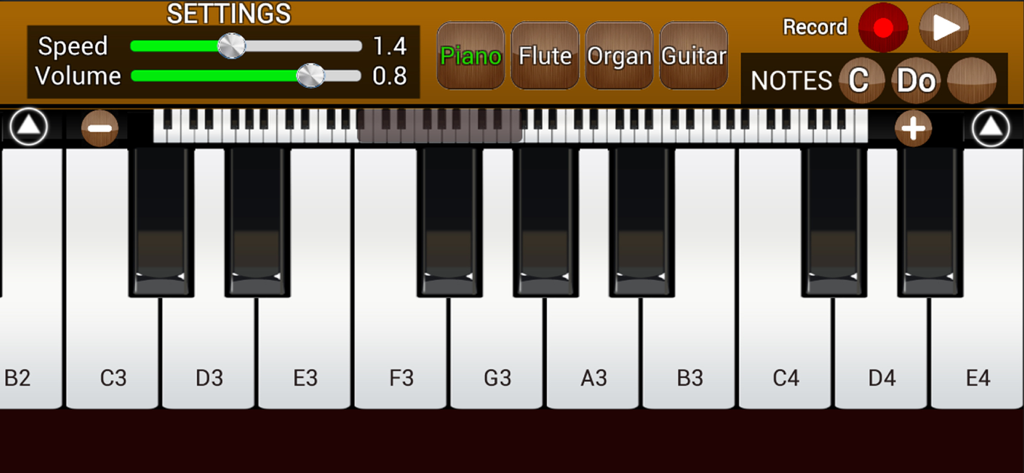 Piano Keyboard App: Play Music - Digital piano keyboard interface with instrument selection and sound settings