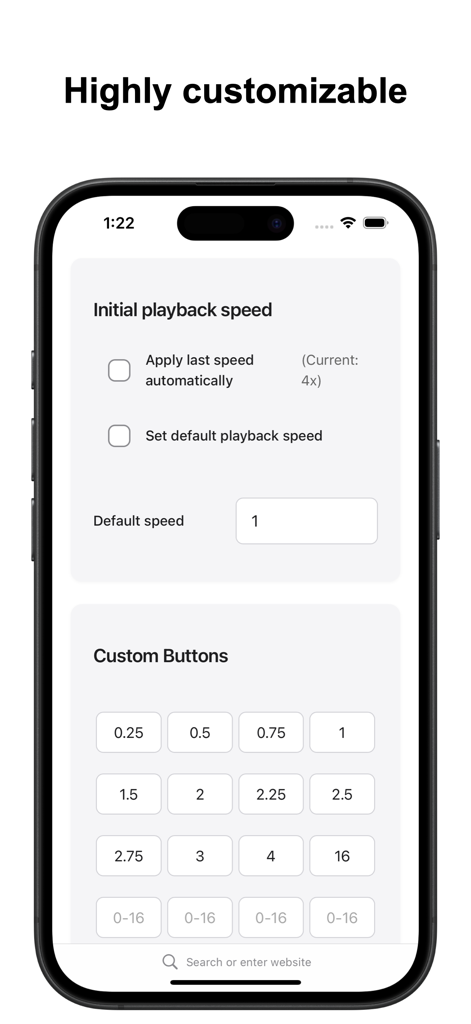 Interface showing custom speed buttons and initial playback settings for the Safari video speed extension.