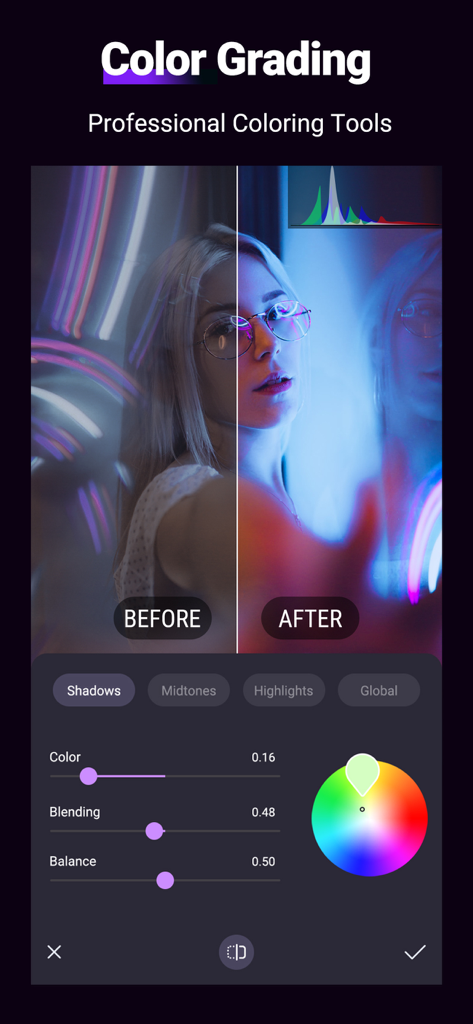 A screenshot of the Motion Ninja video editor showing professional color grading tools with a before and after comparison on a portrait.