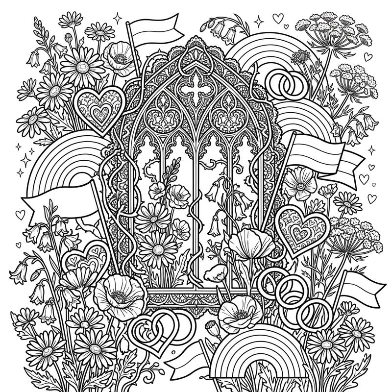 Discover a unique blend of dark romance and vibrant celebration with this Gothic Wildflowers Pride coloring page. Immerse yourself in a world where ornate Victorian aesthetics meet the joyous spirit of diversity and love.