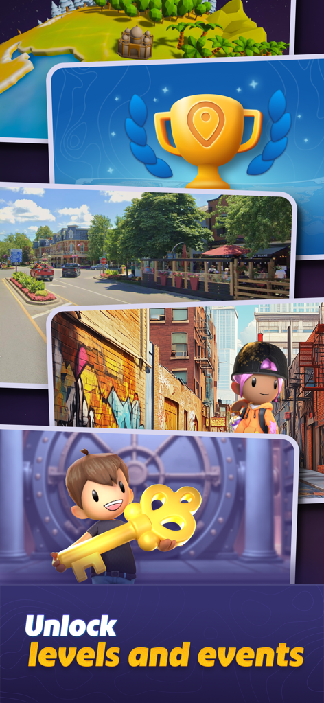 GeoGuessr app screen showing a character with a key to unlock new levels and events