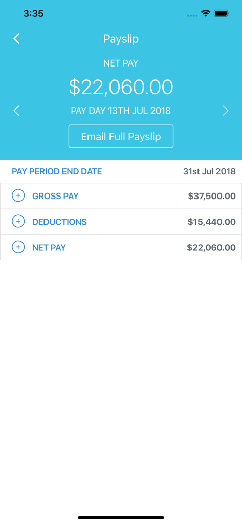 A detailed payslip screen in the Datacom MyPay app showing net pay gross pay and deductions