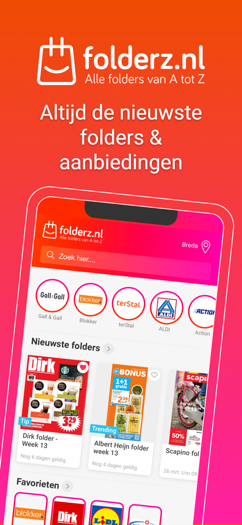 Mobile screen of the Folderz app displaying digital retail brochures and local store offers.