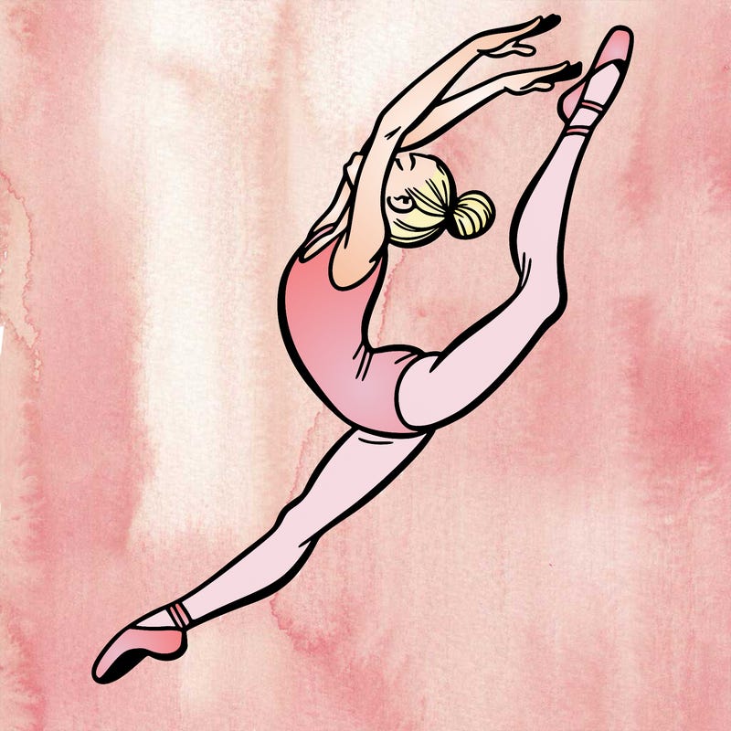 gymnast doing a leap in a leotard with a bent back leg