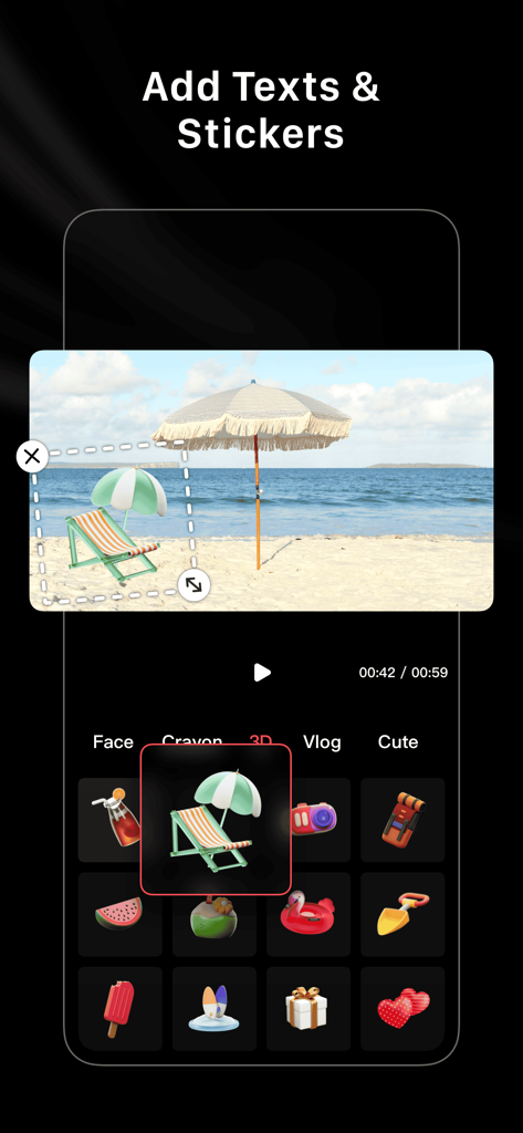 Interface of the LightCut app showing 3D beach-themed stickers being added to a video clip.