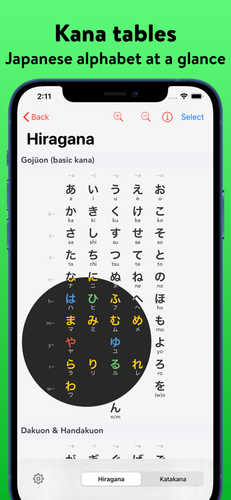 Kana - Hiragana and Katakana - A mobile screen showing the Hiragana alphabet table within the Kana learning app