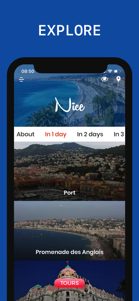 탐색 옵션과 니스 시내 하루 여행 일정을 보여주는 니스 여행 가이드 모바일 앱 인터페이스