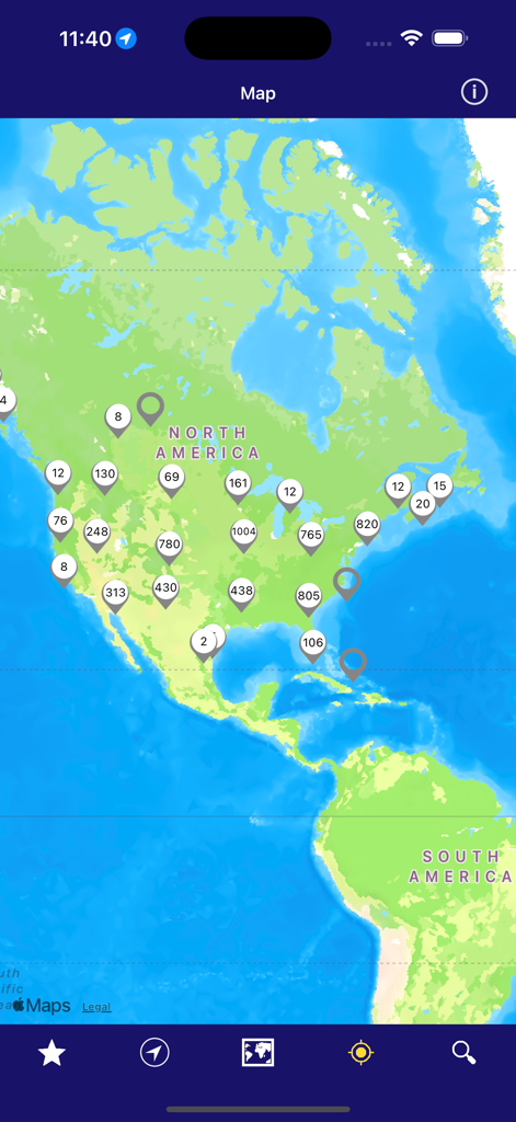 NOAA Snow Live Weather - Interactive map showing snow station locations across North America in the NOAA Snow Live Weather app