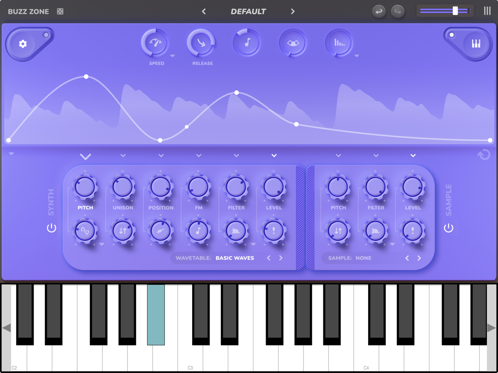 Buzz Zone - Buzz Zone polyphonic synthesizer app interface on iPad with waveform and keyboard
