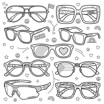 Dive into creativity with our special Men's Eyewear Pride coloring page, celebrating love, diversity, and community. This unique template features a collection of stylish glasses adorned with iconic Pride symbols, perfect for expressing your vibrant spirit.