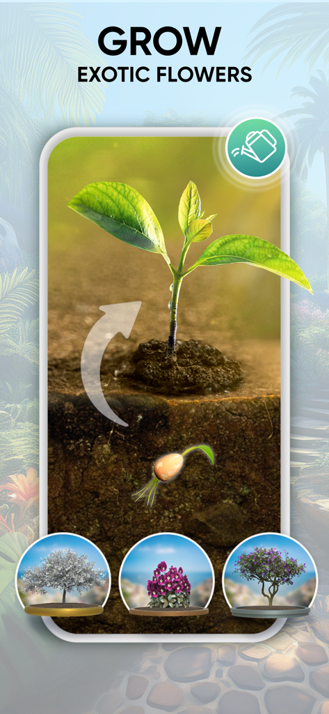 Garden Joy: Exterior Designer - '이국적인 꽃 키우기'라는 제목 아래 씨앗에서 성숙한 나무까지의 식물 성장 주기를 보여주는 가든 조이 앱의 스크린샷.