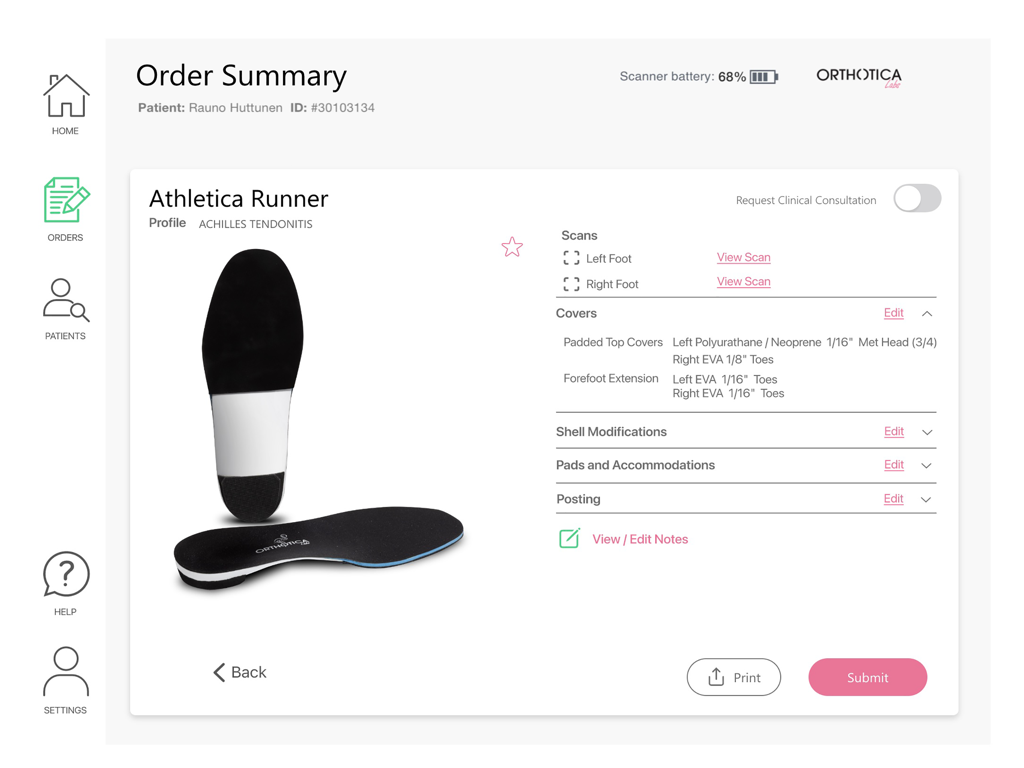 Orthotica3D - Digital order summary for custom Athletica Runner orthotics in the Orthotica3D app interface
