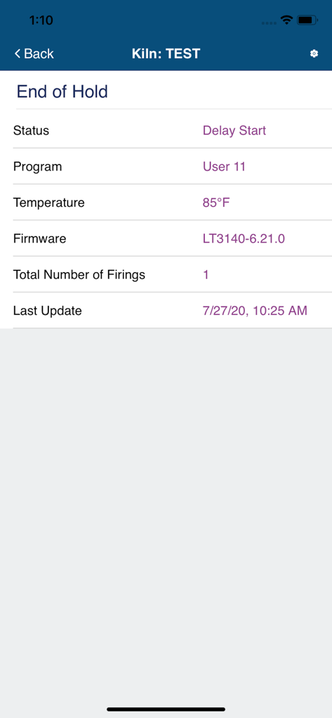 Bartlett KilnAid - Bartlett KilnAid app screen showing kiln status temperature and program details