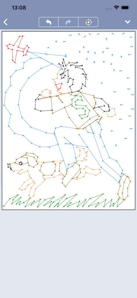 Dot-a-Pix의 게임 플레이 스크린샷으로, 복잡한 색칠 점 잇기 퍼즐이 진행 중인 모습을 보여줍니다.