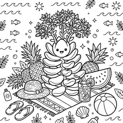 Embark on a creative summer adventure with this unique sedum succulent coloring page. Watch this adorable plant enjoy a tropical vacation, surrounded by all the delightful elements of a sunny getaway.