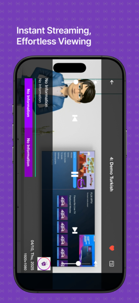 Flix IPTV Mobile App mit Videowiedergabe­oberfläche im Querformat und Schlagzeile für sofortiges Streaming