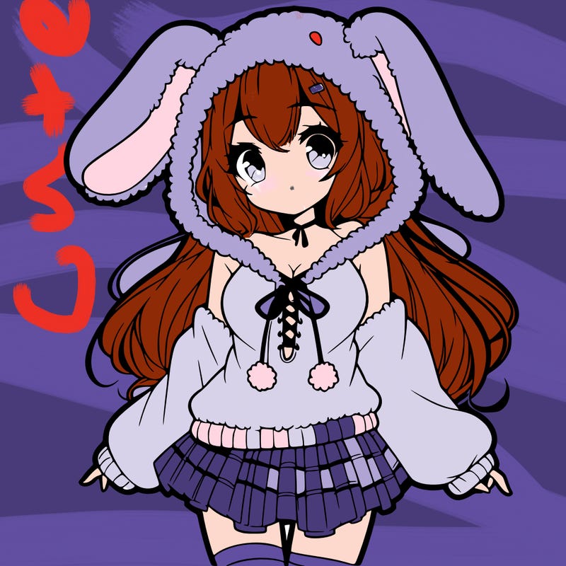pretty anime girl wearing a fluffy hoodie with bunny ears on the hood and a skirt