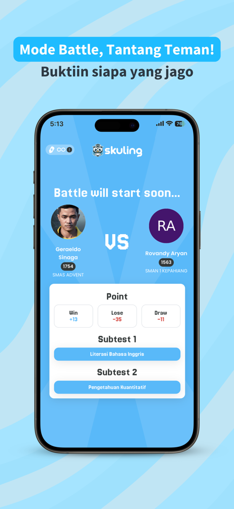 Skuling app battle mode showing competition between two users