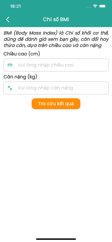 Bệnh viện Đa Khoa Ba Vì - BMI calculator interface with height and weight input fields in Vietnamese