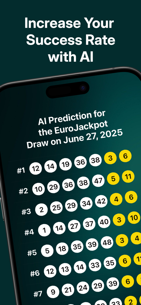 EuroJackpot AI Predictor - Interfaz de la aplicación móvil EuroJackpot AI Predictor mostrando una lista de números de lotería predichos