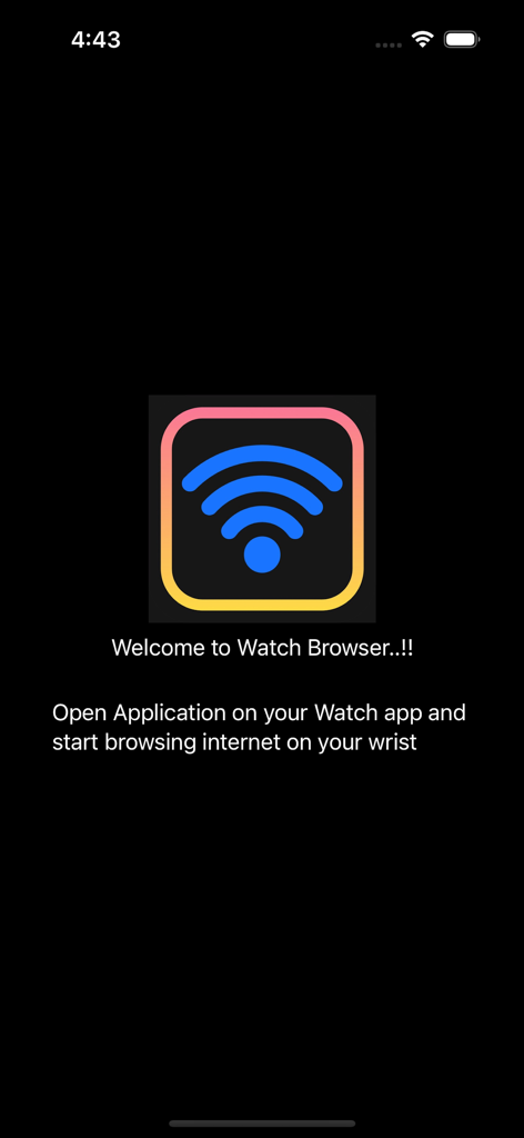 Watch Web Browser - Watch Web Browser app welcome screen with a Wi-Fi icon and instructions to start browsing on Apple Watch