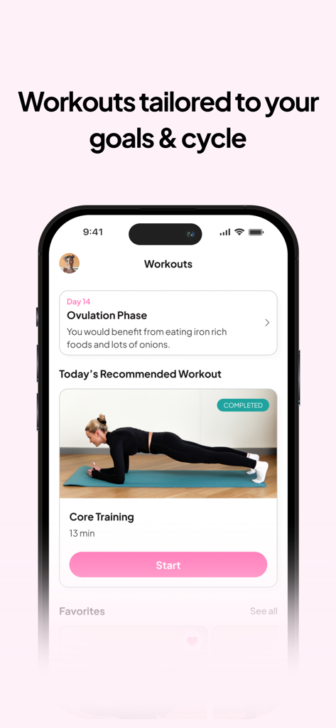 Cycle Diet - Cycle Diet app screen showing a recommended core training workout tailored for the ovulation phase