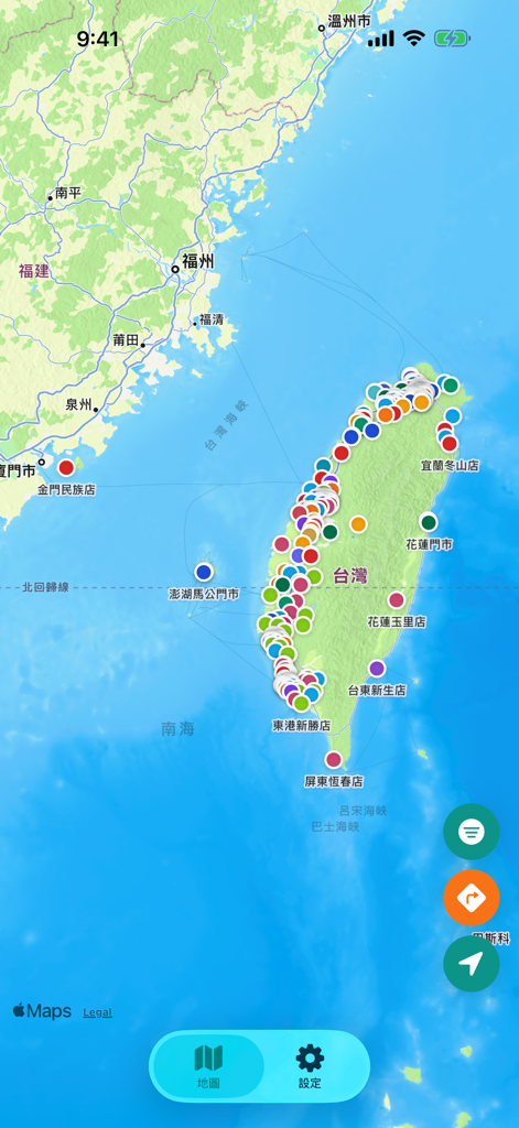 找飲料 - 快速找到附近的飲料店位置 - ドリンク探しのモバイルアプリインターフェイスで、台湾の地図上にドリンクショップの場所が表示されている