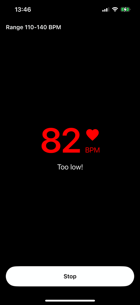 Heart Alert - Interfaccia dell'app Heart Alert che mostra una lettura della frequenza cardiaca di 82 BPM con un avviso 'Troppo basso'