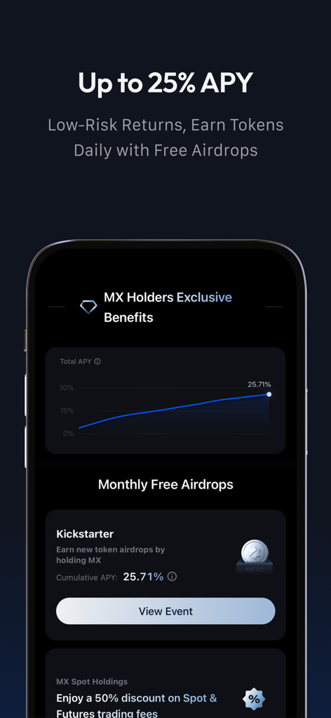 MEXC: Buy Bitcoin BTC & Crypto - Interfaccia dell'app MEXC che evidenzia rendimenti APY elevati e premi esclusivi per i possessori di token MX.