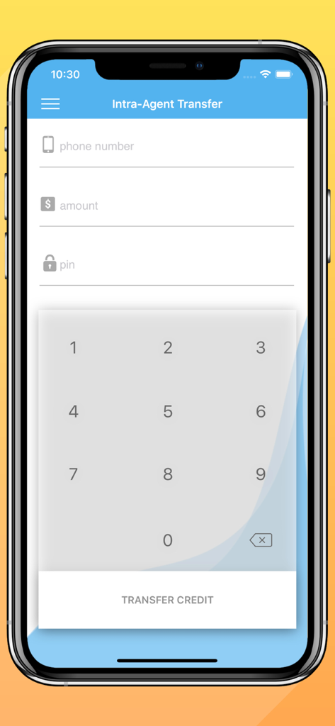 Tela de transferência entre agentes do app Smart POS Belize mostrando campos de entrada para número de telefone e valor com teclado numérico