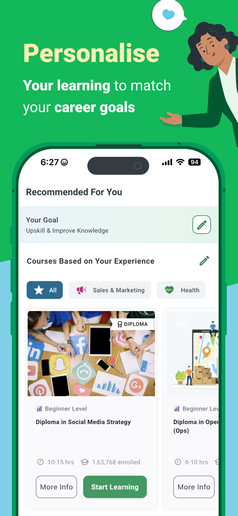 Alison: Online Education App - Alisonアプリのインターフェイスに、ユーザーのキャリア目標と経験に基づいたパーソナライズされたコースレコメンデーションが表示されている。