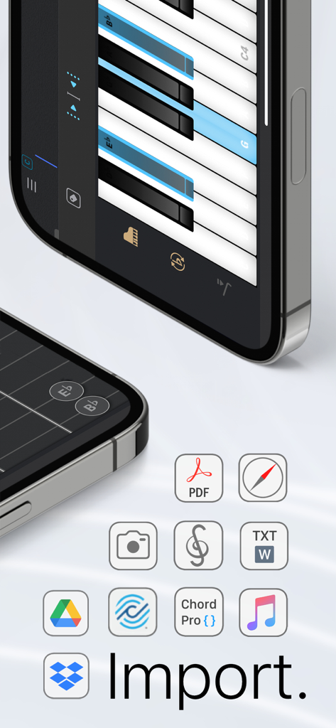 Songs - The App For Musicians - Oberfläche der Songs-App für Musiker mit virtueller Klaviatur und verschiedenen Importoptionen wie PDF, Dropbox und Google Drive.