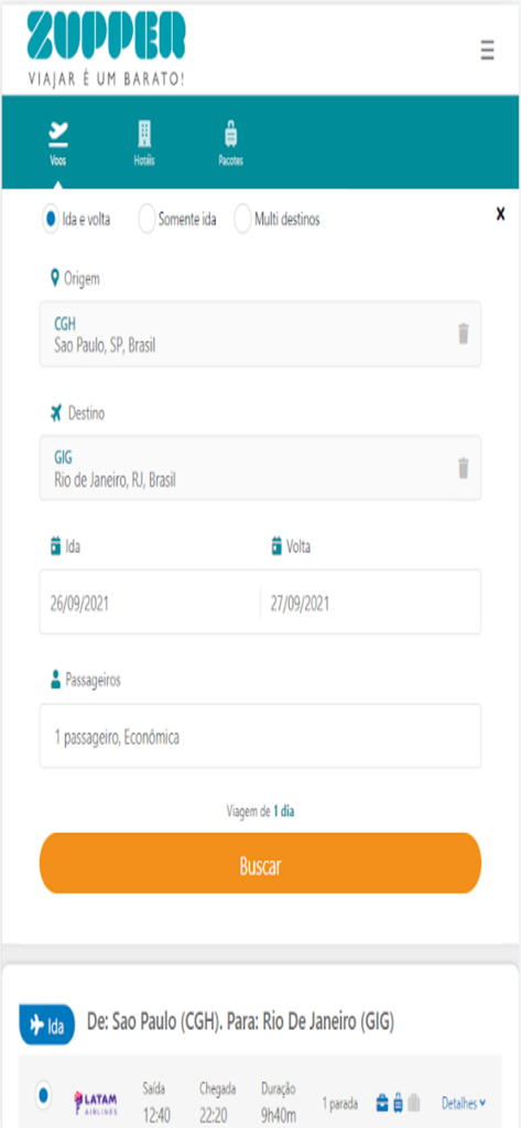 Zupper Viagens - Interface do aplicativo Zupper Viagens mostrando resultados de busca de voos para uma viagem entre São Paulo e Rio de Janeiro