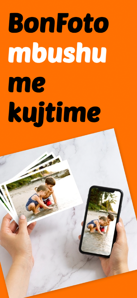 BonFoto - A person holding printed photos next to a smartphone displaying the BonFoto app interface.