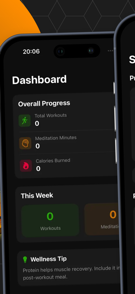 AVita Harmony - Painel do aplicativo AVita Harmony exibindo o progresso geral de condicionamento físico e o rastreamento de meditação