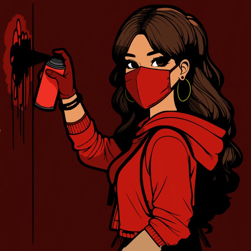 realistic girl with mask spray painting a wall