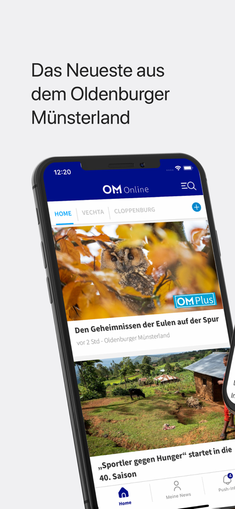 Interface do aplicativo de notícias locais OM Online no iPhone apresentando histórias do Oldenburger Münsterland