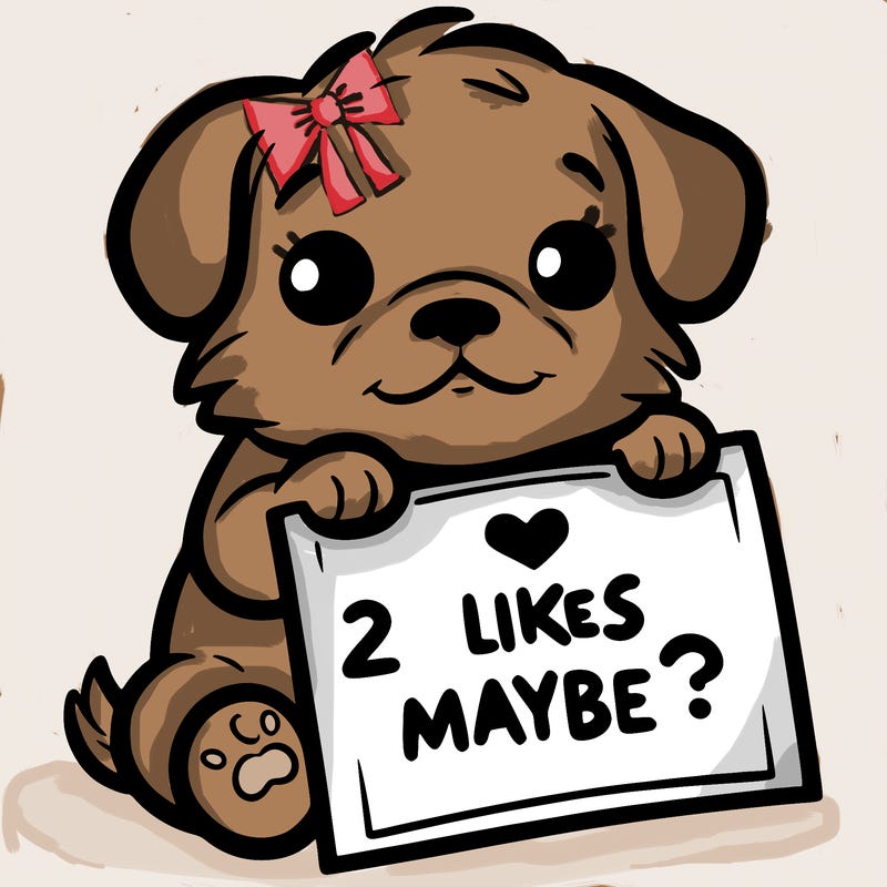 a puppy holding a sign that says 2 likes maybe?
