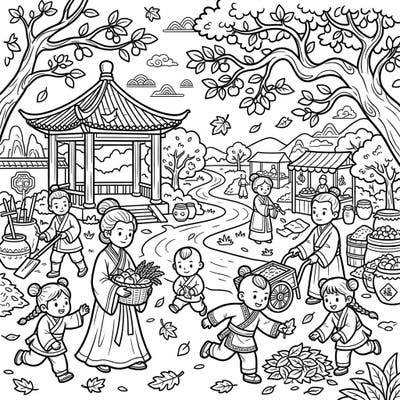 Step back in time to the majestic Han Dynasty with this enchanting autumn coloring page, perfect for kids. Immerse yourselves in a vibrant scene of traditional life, featuring playful children, a bustling harvest, and beautiful falling leaves.