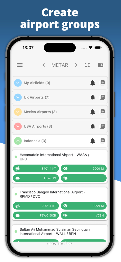 Airfield Watch - METAR & TAF - Airfield Watch 앱 화면은 정리된 공항 그룹 및 METAR 날씨 보고서를 보여줍니다