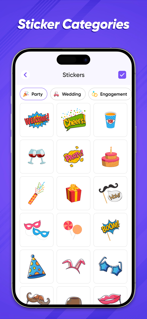 Certificate Maker :Party Card - iPhone display showing party stickers and categories for custom certificates and cards