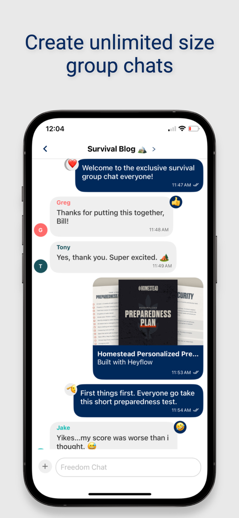 Freedom Chat - Mobile screen showing a secure group chat titled Survival Blog on the Freedom Chat app