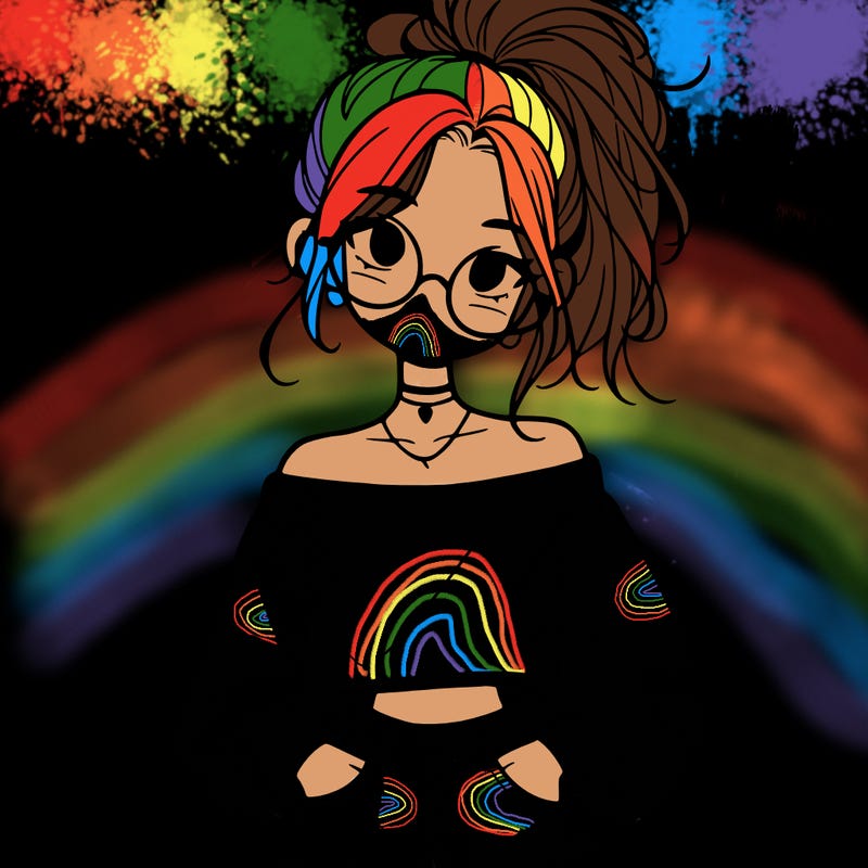 girl with a messy ponytail glasses a baggy crop top and jean shorts