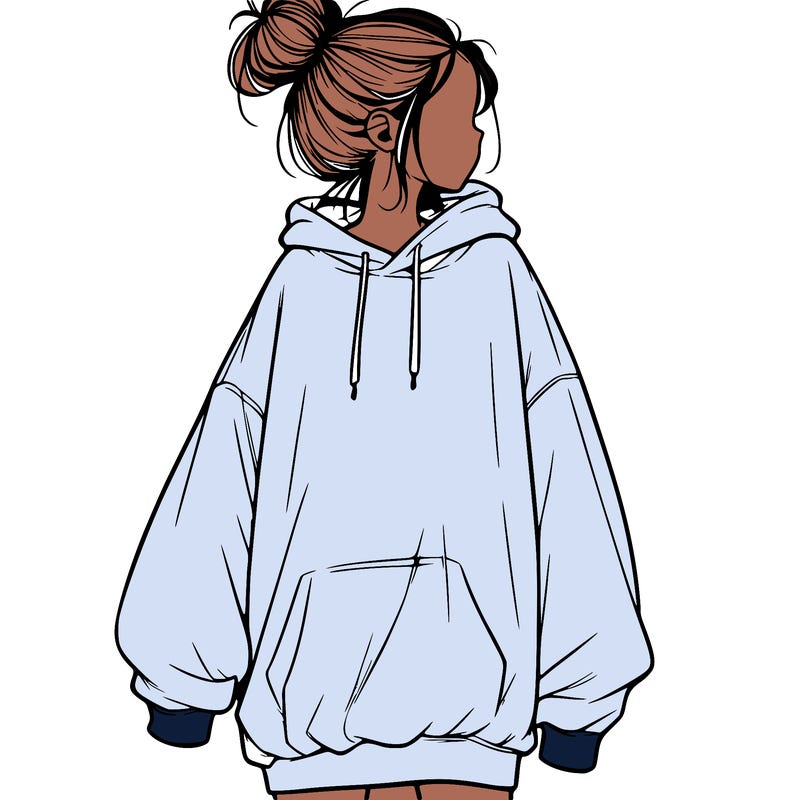 realistic girl with a oversized sweatshirt on and a bun