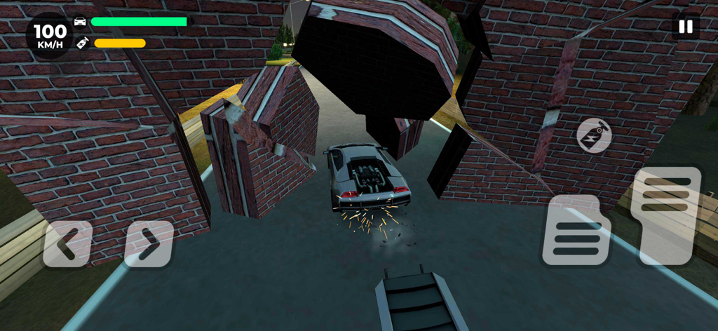 Beam Drive - Pit Car Crash - Un coche deportivo plateado atravesando un muro de ladrillos en Beam Drive Pit Car Crash