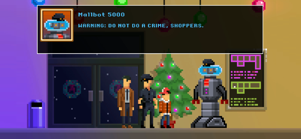 The Darkside Detective - Pixel art of Detective McQueen and Officer Dooley standing next to Mallbot 5000 and a Christmas tree.